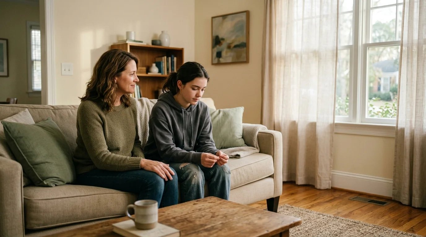 Family counseling Raleigh — mother listening to her teenage daughter on a living room couch