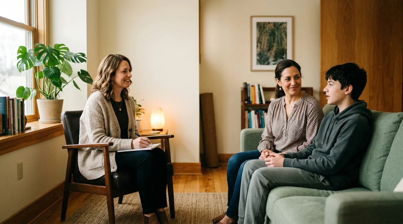 Wake Forest family therapist meeting with a parent and teen in a calm therapy office