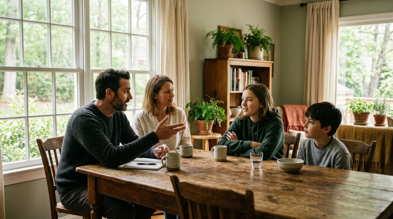 Raleigh family of four around a dining table mid-conversation during family therapy work
